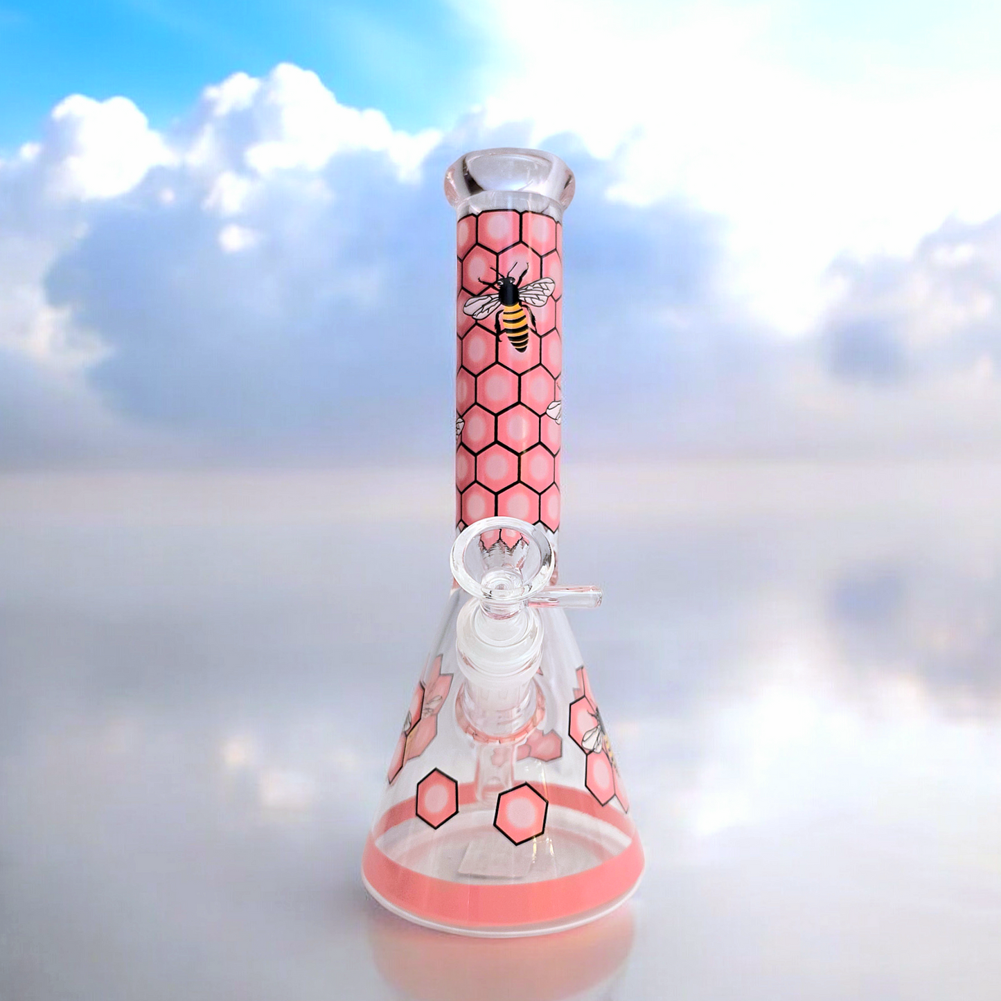 10" Decal Bee Beaker Glass Bong with Ice Pinch and Colors