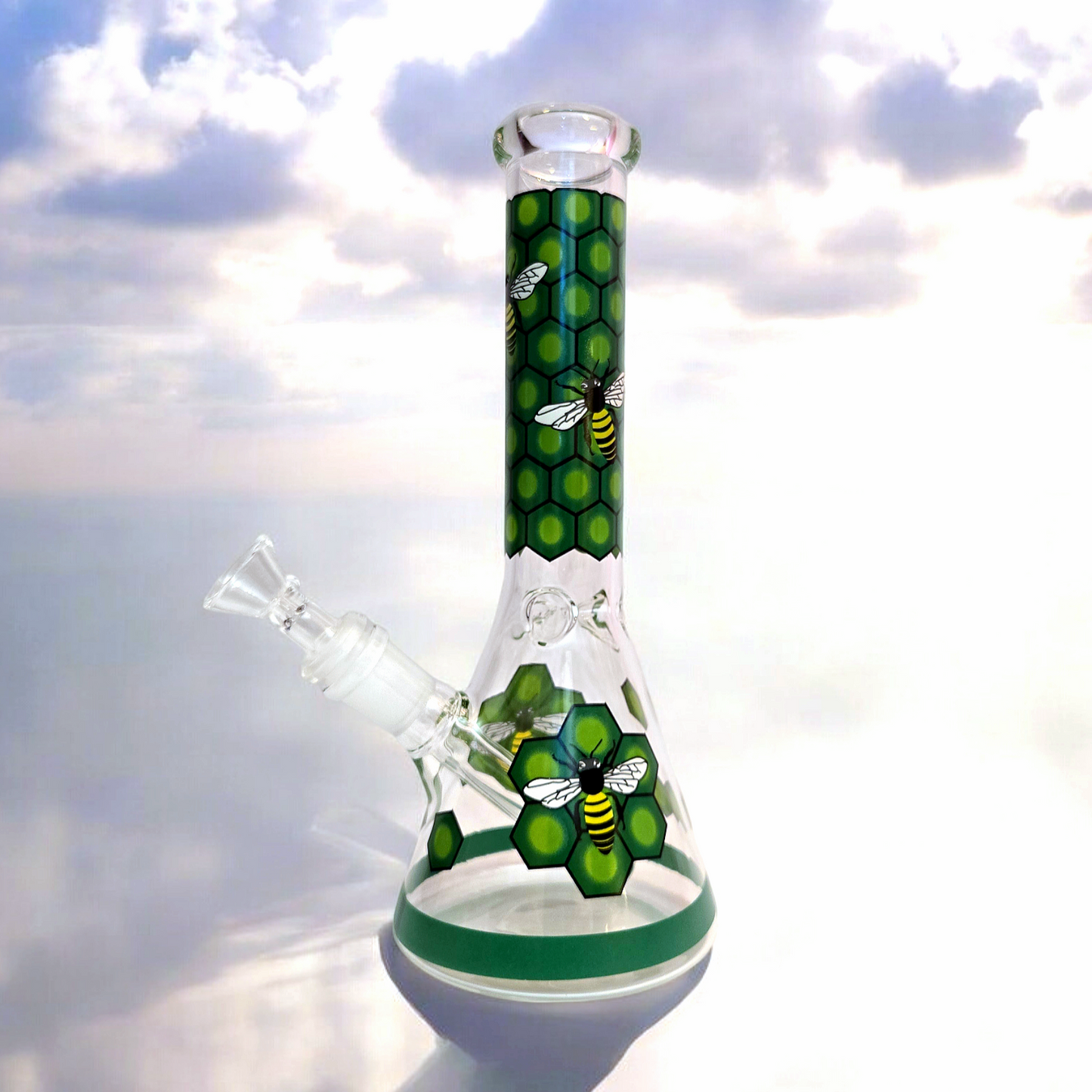 10" Decal Bee Beaker Glass Bong with Ice Pinch and Colors