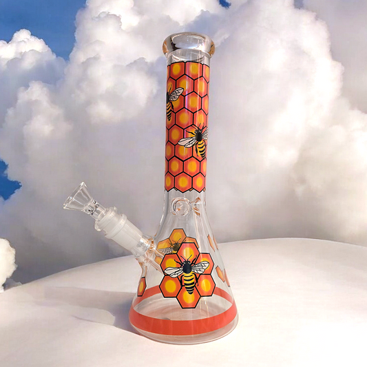 10" Decal Bee Beaker Glass Bong with Ice Pinch and Colors