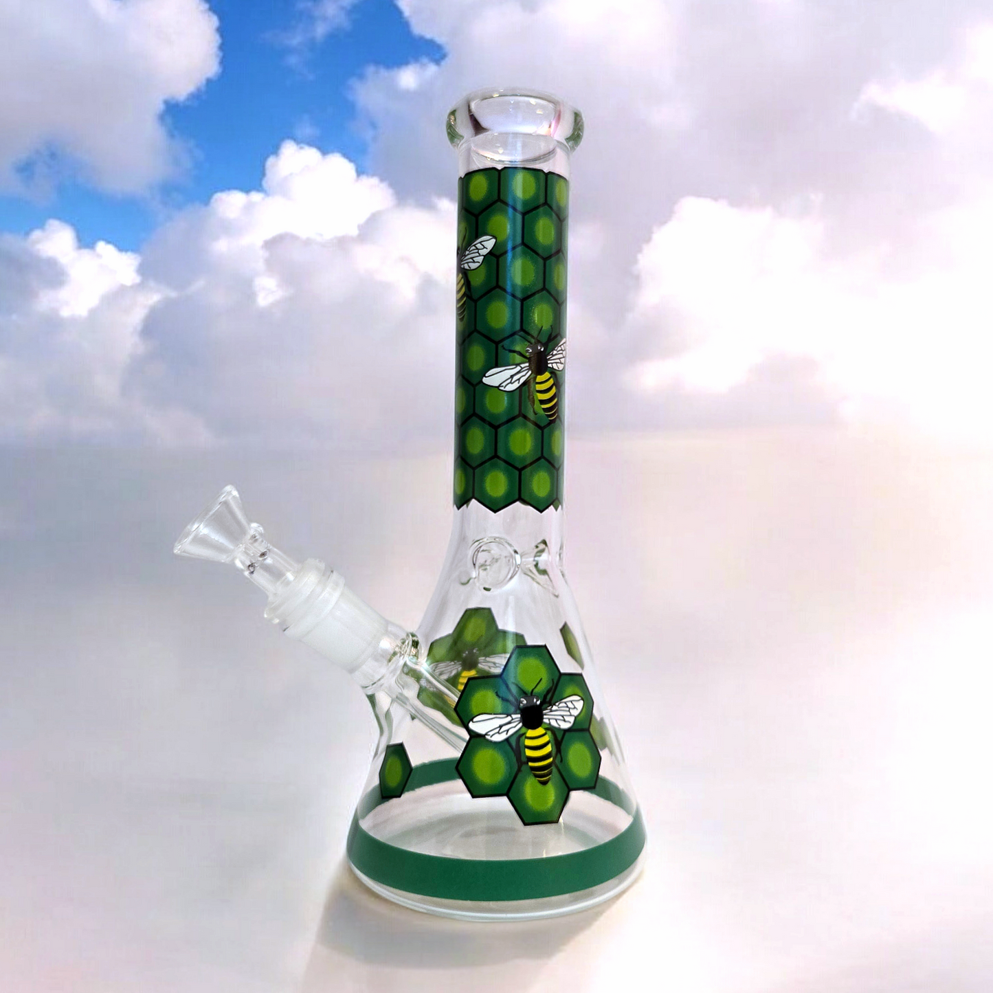 10" Decal Bee Beaker Glass Bong with Ice Pinch and Colors