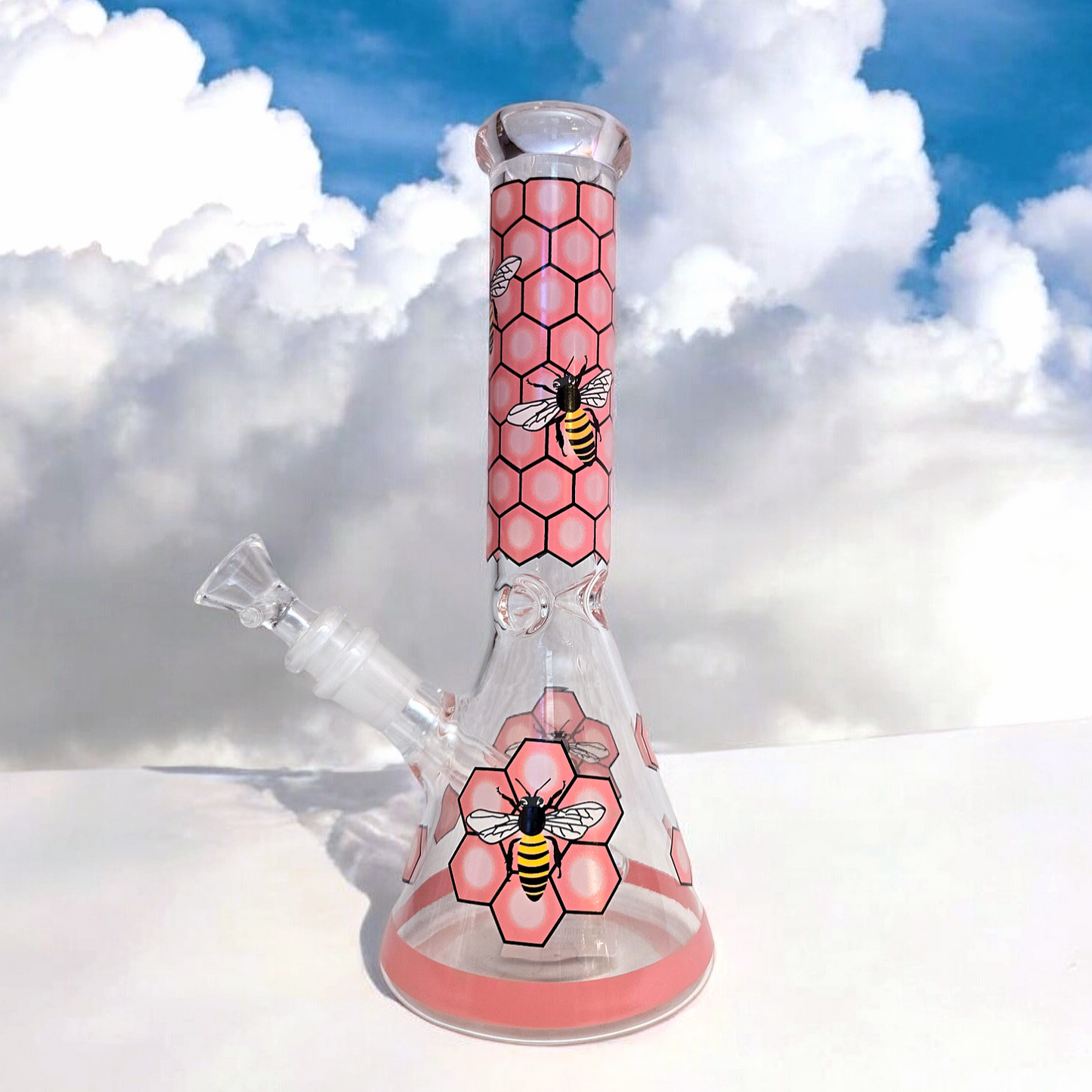 10" Decal Bee Beaker Glass Bong with Ice Pinch and Colors