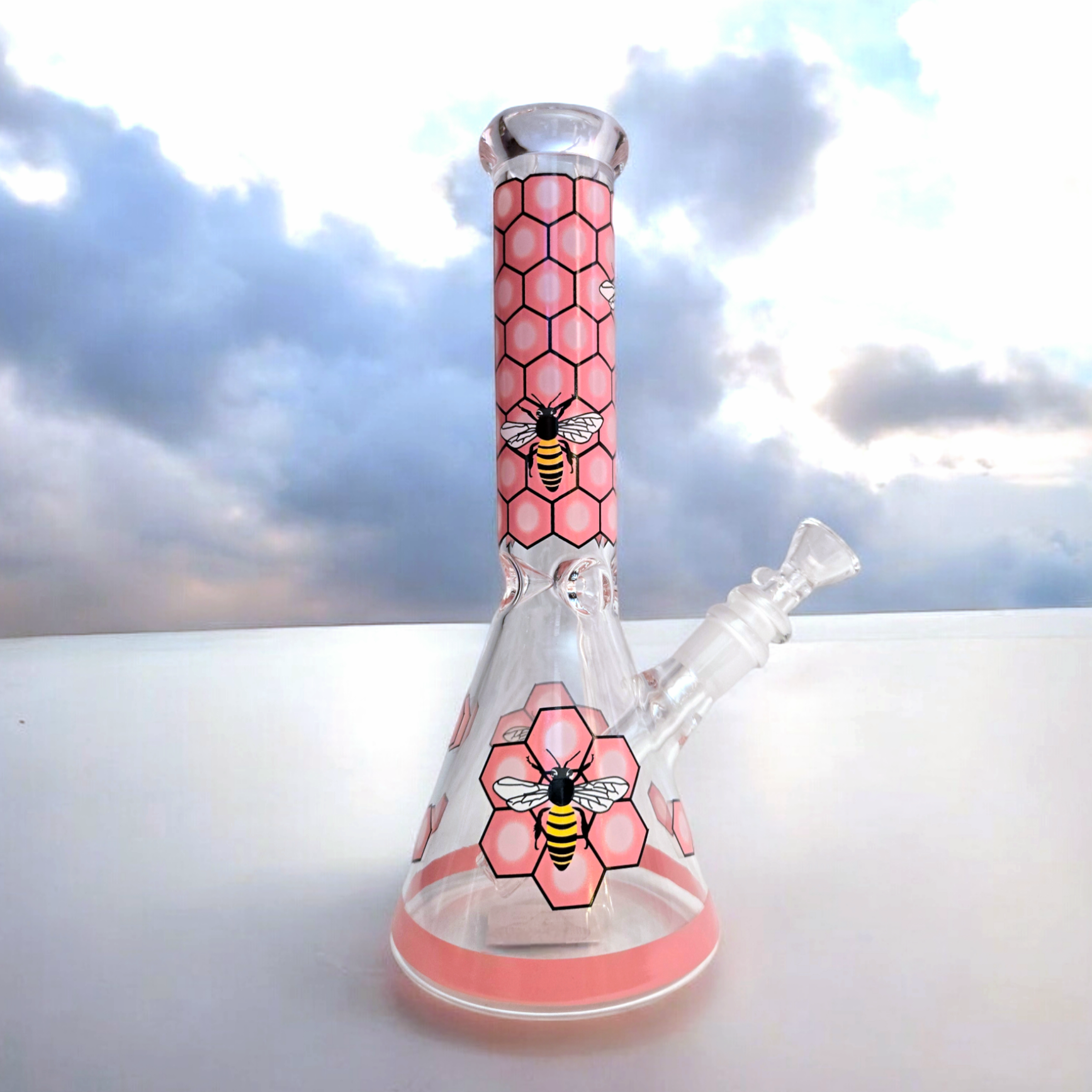 10" Decal Bee Beaker Glass Bong with Ice Pinch and Colors